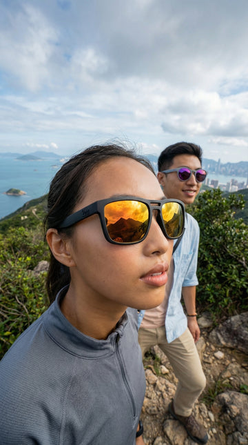 Two hikers wearing performance sunglasses on a scenic trail, representing stable eyewear fit during downhill hiking