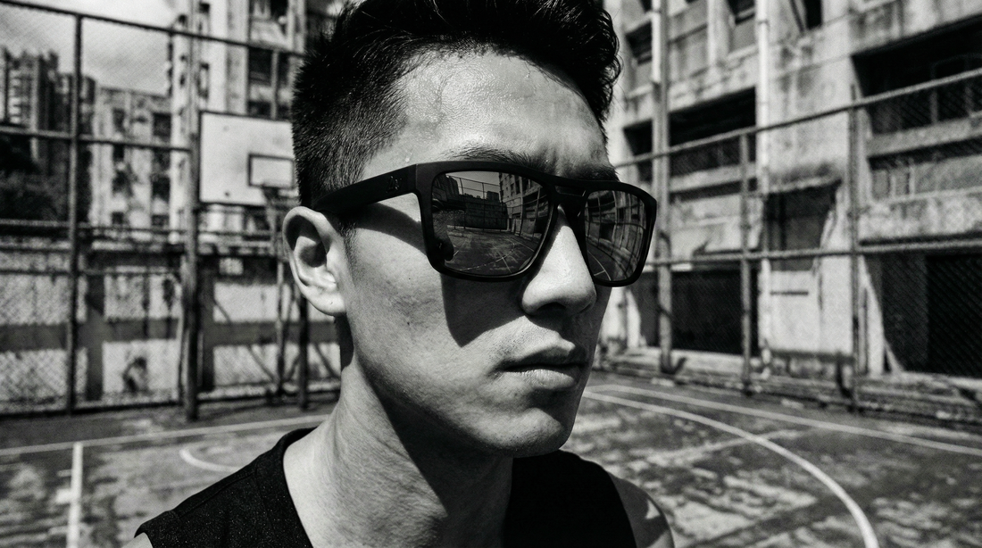 Person adjusting lightweight sunglasses outdoors in humid tropical morning conditions.