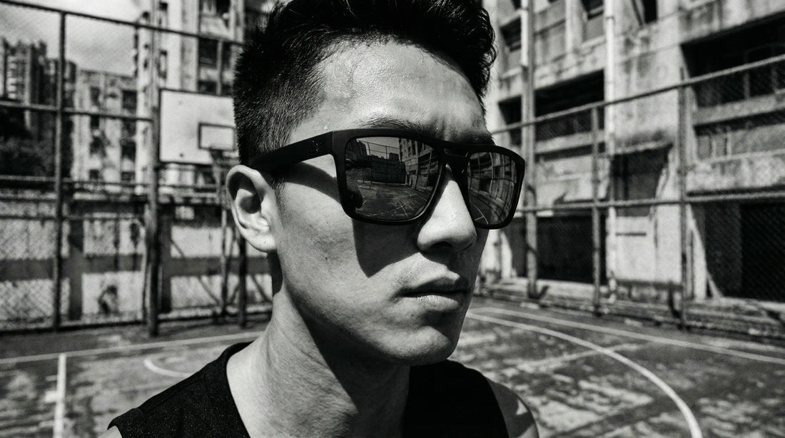 Person adjusting lightweight sunglasses outdoors in humid tropical morning conditions.