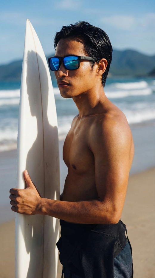 Surfer wearing mirrored performance sunglasses on a beach, illustrating why coastal salt spray and reflected light put extra pressure on mirrored lenses