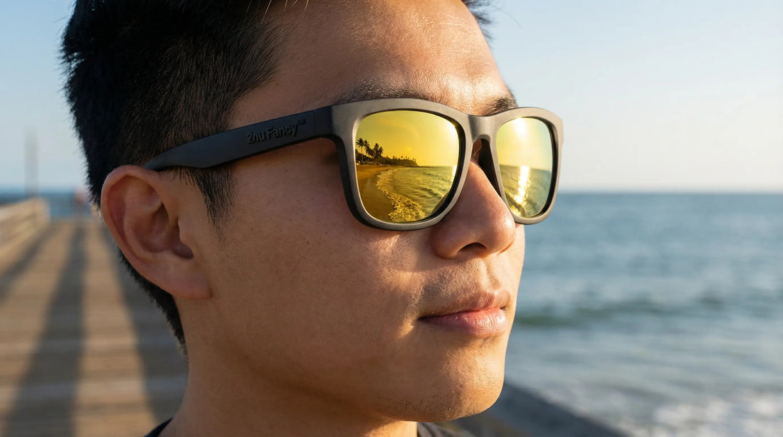 2nu Fancy™ Matte Black sunglasses with Gold mirrored lenses featuring seawater-resistant Metonic coating. Professional performance eyewear for water sports, designed to prevent lens peeling and salt corrosion in coastal environments.
