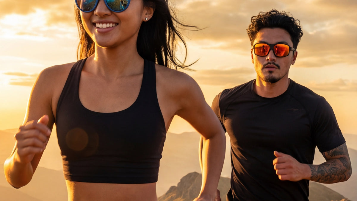 Runner wearing performance sunglasses on a Hong Kong mountain trail under changing light