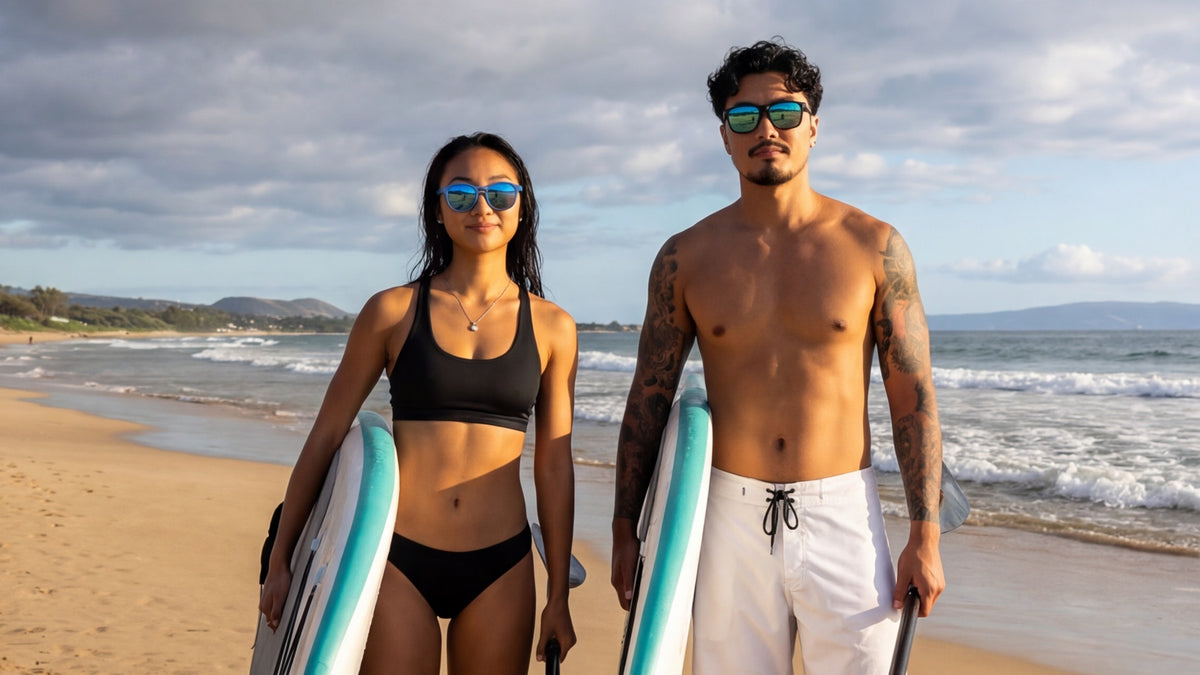 Two people wearing sunglasses with paddle boards on a beach beside the sea