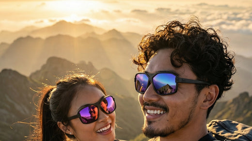 Two hikers wearing performance sunglasses above a mountain trail at golden hour