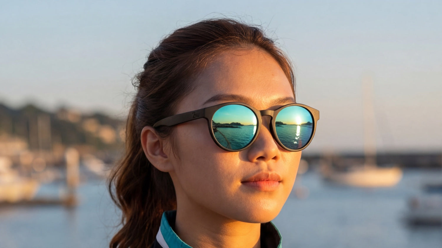 Woman wearing mirrored 2nu performance sunglasses at a marina in golden light, showing glare-control lens choice for bright outdoor conditions