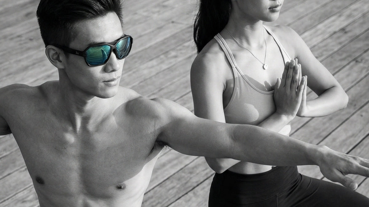 Two people wearing sports sunglasses during an outdoor fitness session