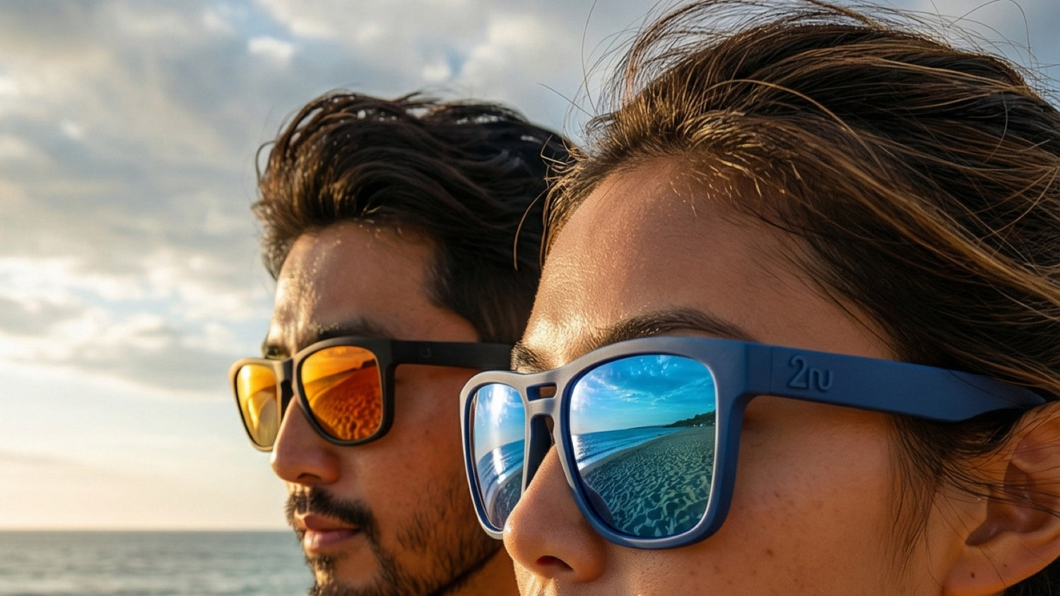 Asian outdoor couple wearing 2nu sunglasses by the beach after sweaty coastal activity, showing lens coating care context for seawater and daily cleaning