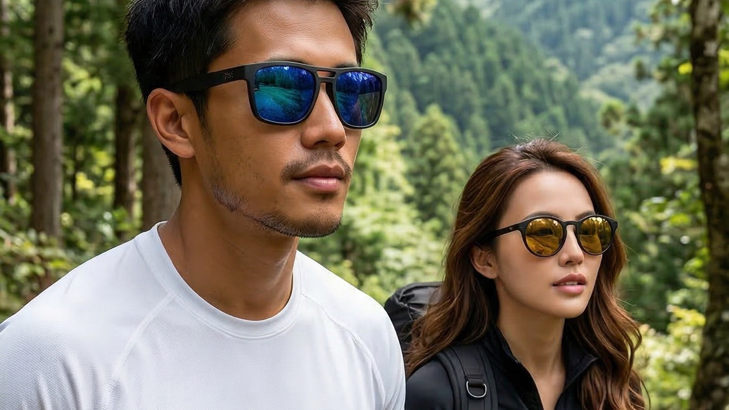 Two Hong Kong hikers wearing full-frame performance sunglasses on a green mountain trail