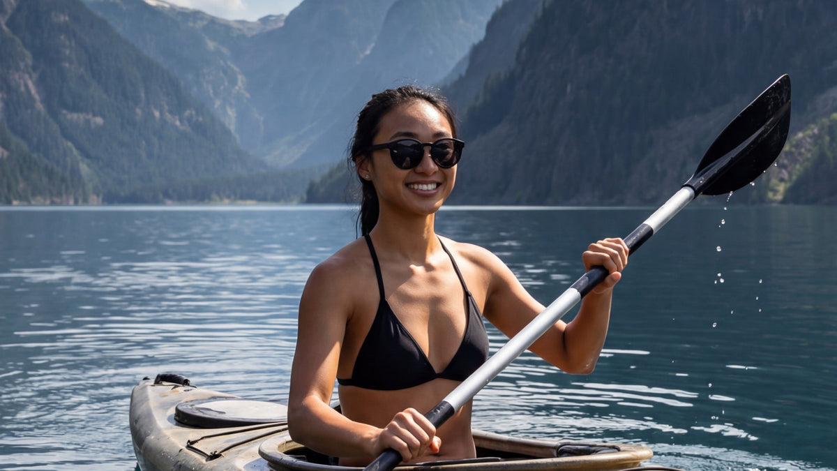 A woman wearing sunglasses while kayaking on a lake beside mountains