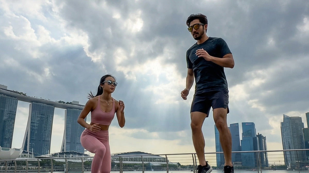 Outdoor lifestyle scene comparing classic and sport sunglass frame shapes