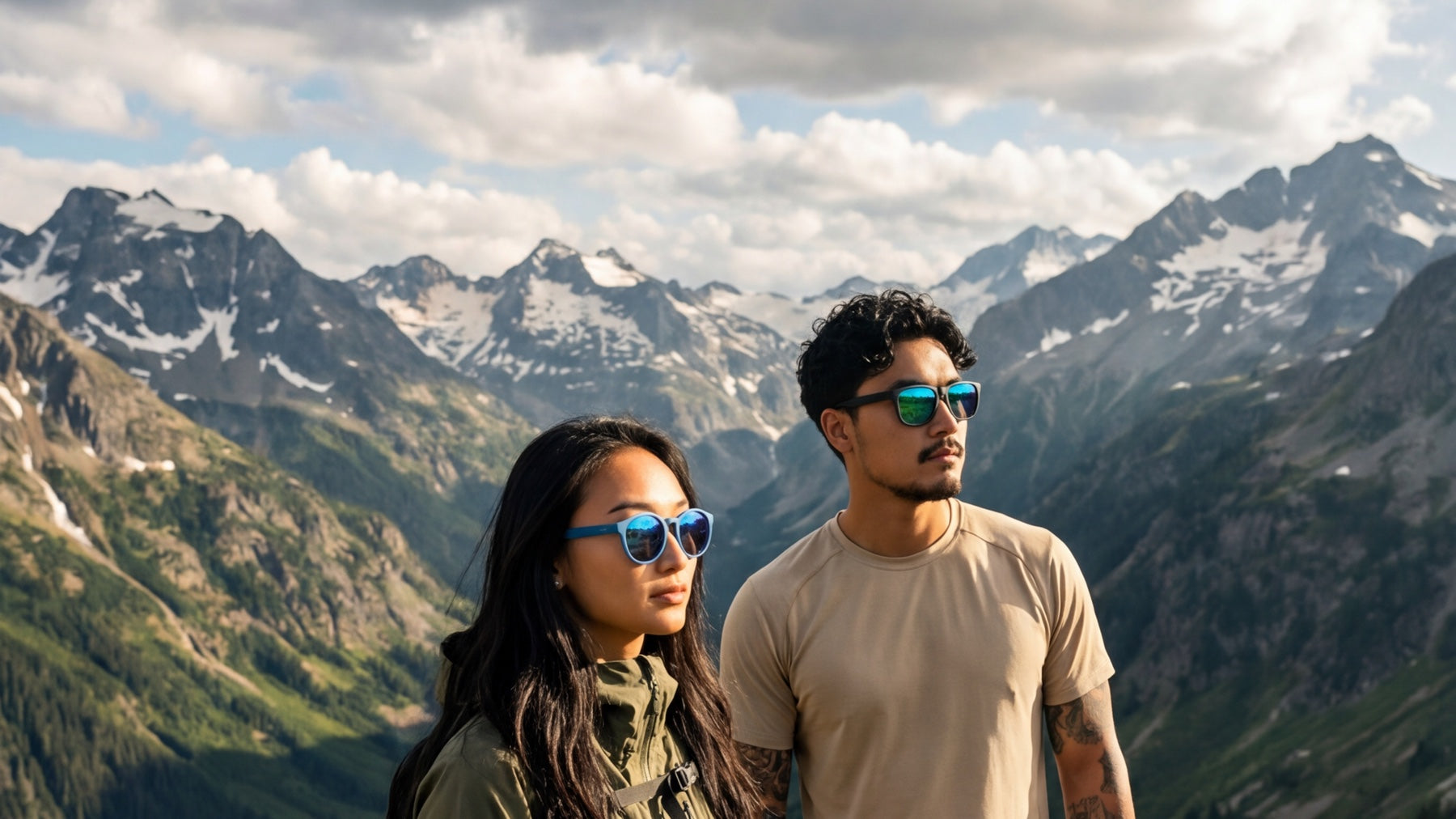 Two hikers wearing performance sunglasses on a bright alpine trail