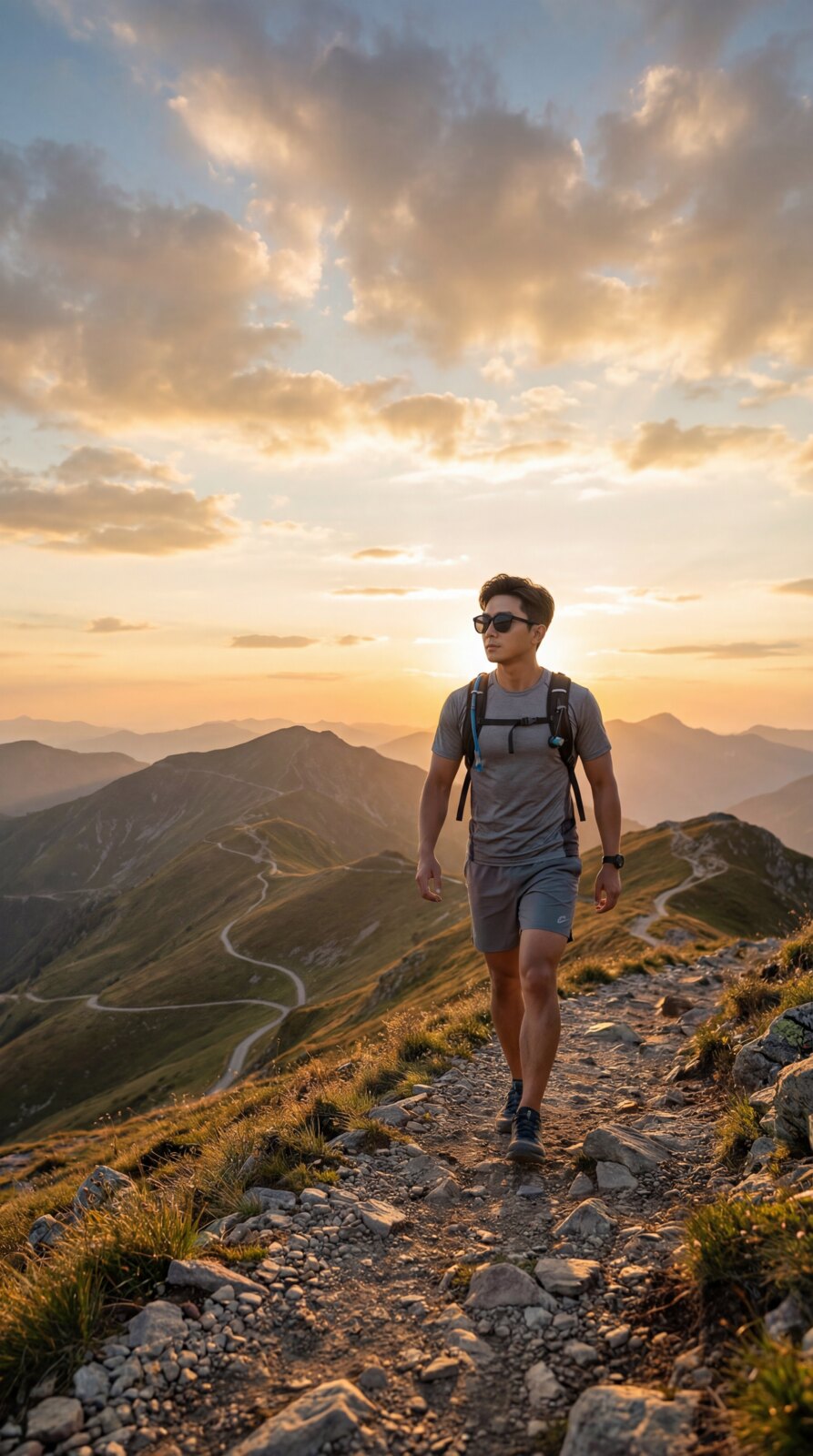 Hiker wearing performance sunglasses on a steep mountain trail at golden hour, representing stable fit during downhill hiking