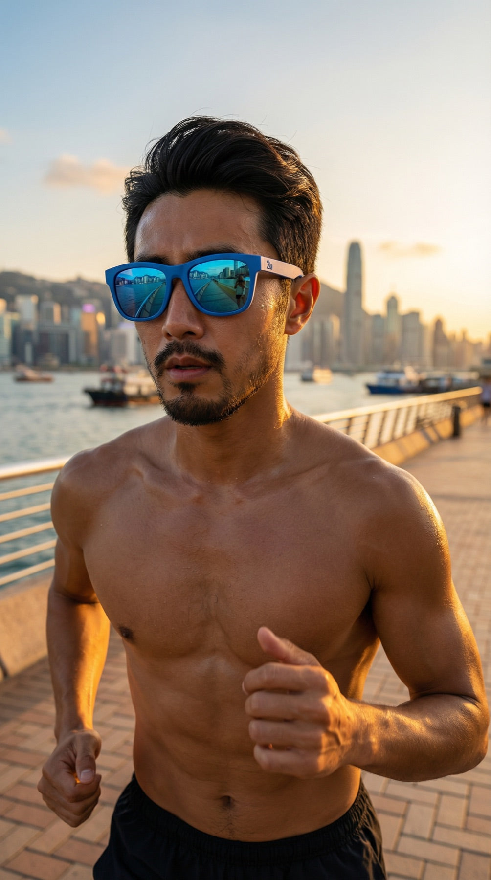 Runner wearing blue 2nu performance sunglasses beside Hong Kong harbour in golden light, showing stable eyewear fit for humid outdoor running