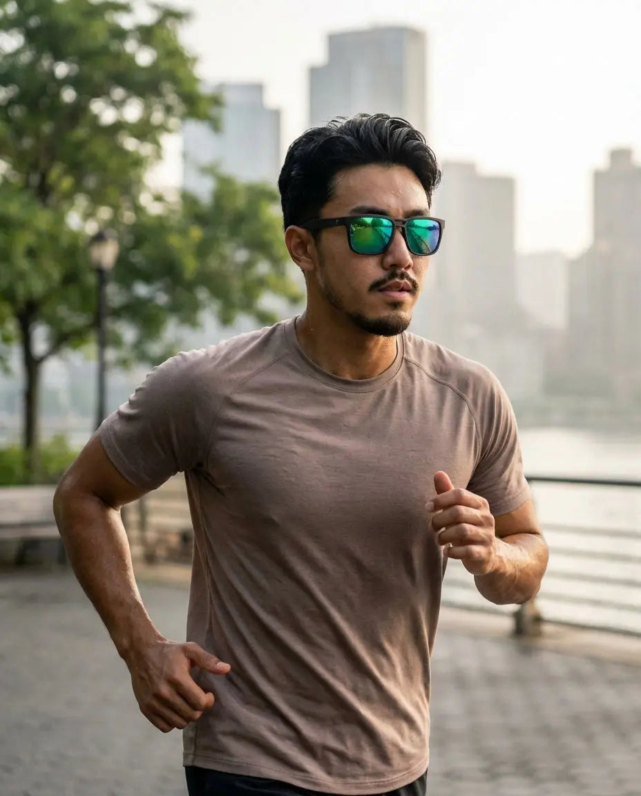 runner wearing lightweight sports sunglasses during humid outdoor city training