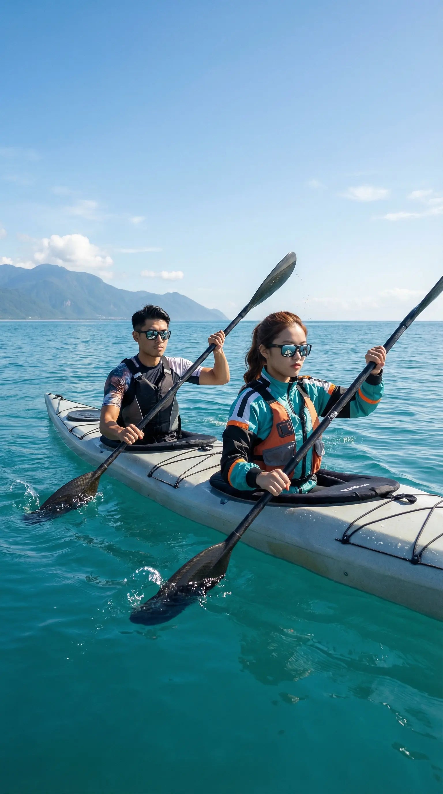 Asian couple kayaking on turquoise ocean wearing 2nu sunglasses