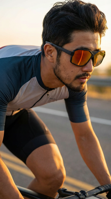 Cyclist wearing 2nu-style performance sunglasses on the road at golden hour, representing navigation-dependent outdoor use and screen visibility