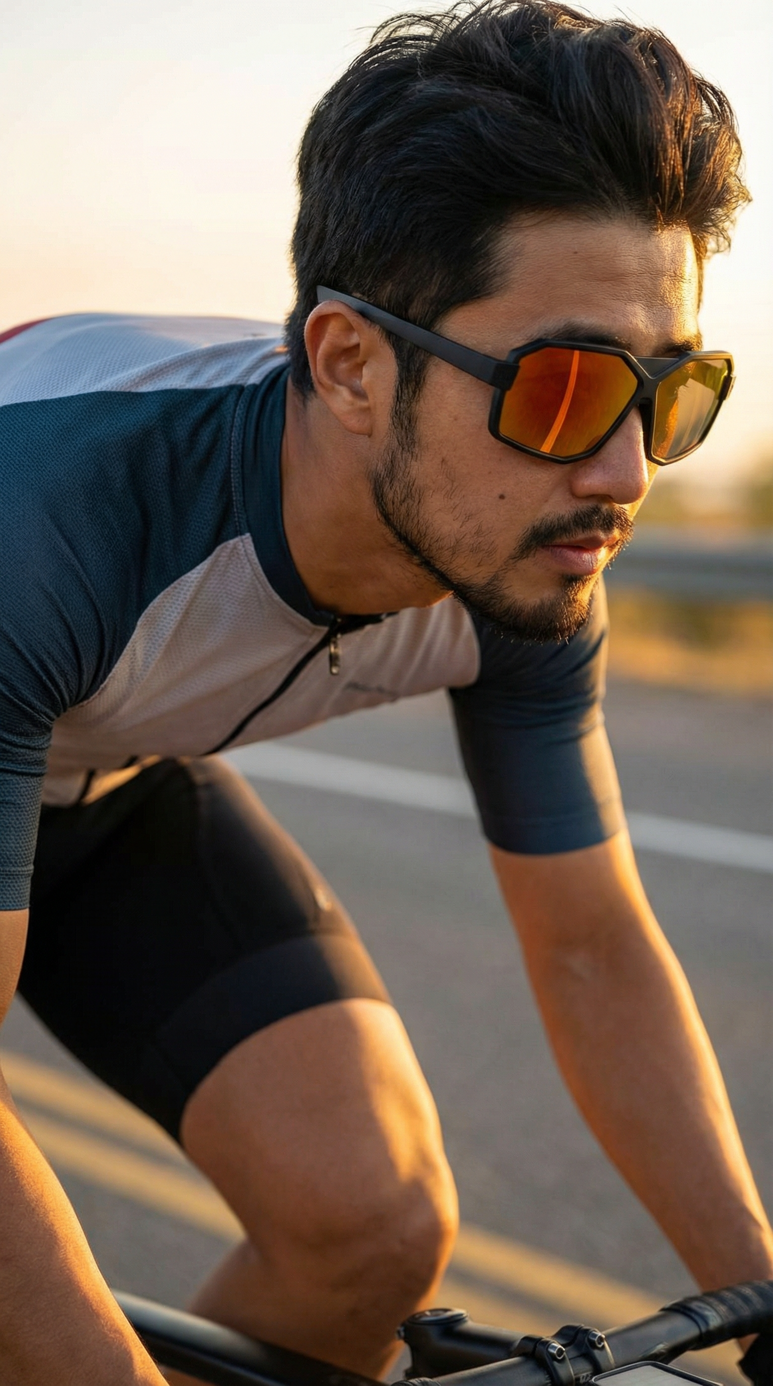 Cyclist wearing 2nu-style performance sunglasses on the road at golden hour, representing navigation-dependent outdoor use and screen visibility