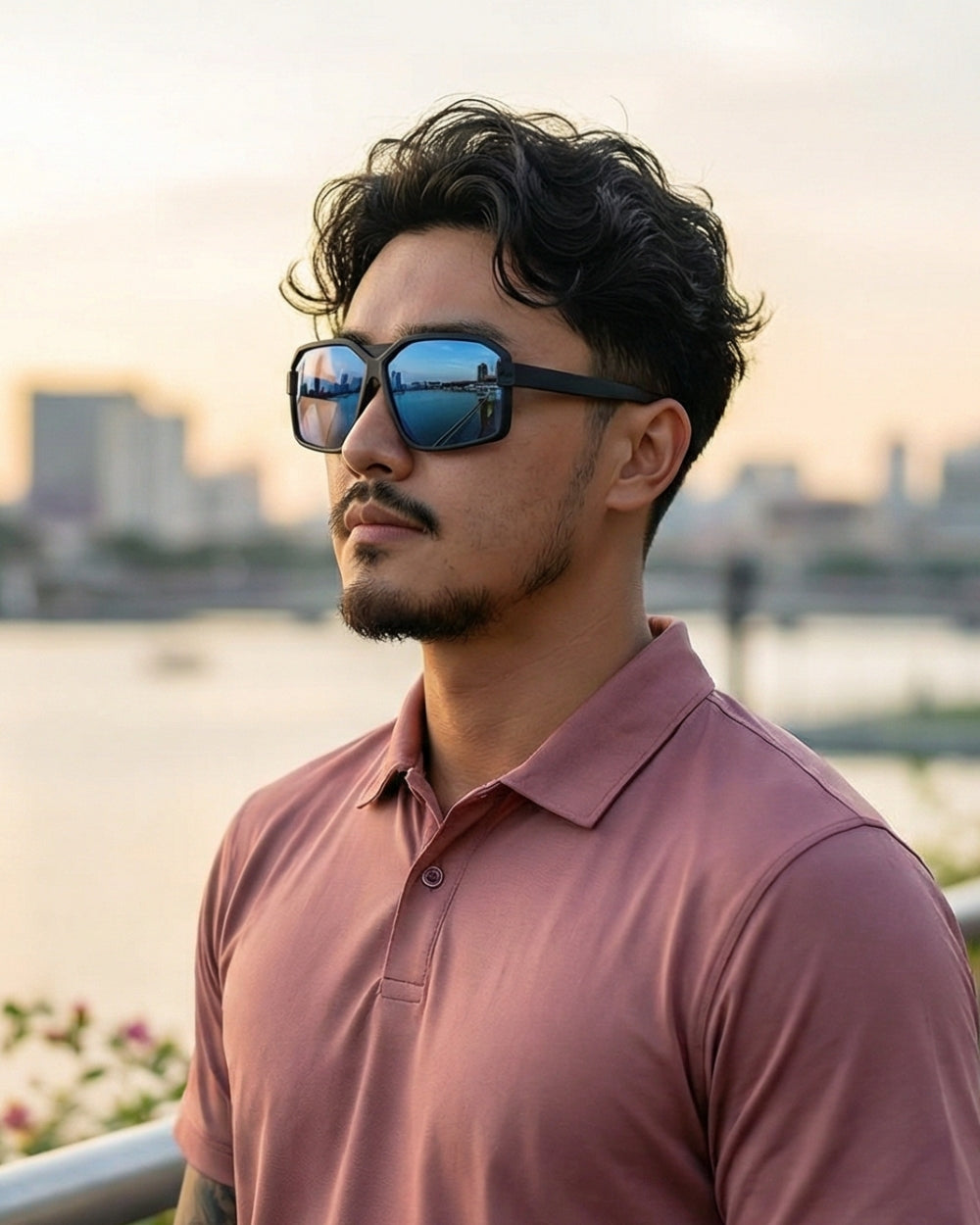 Close-up of a man wearing reflective polarized sunglasses by a city waterfront, representing outdoor screen visibility and navigation use