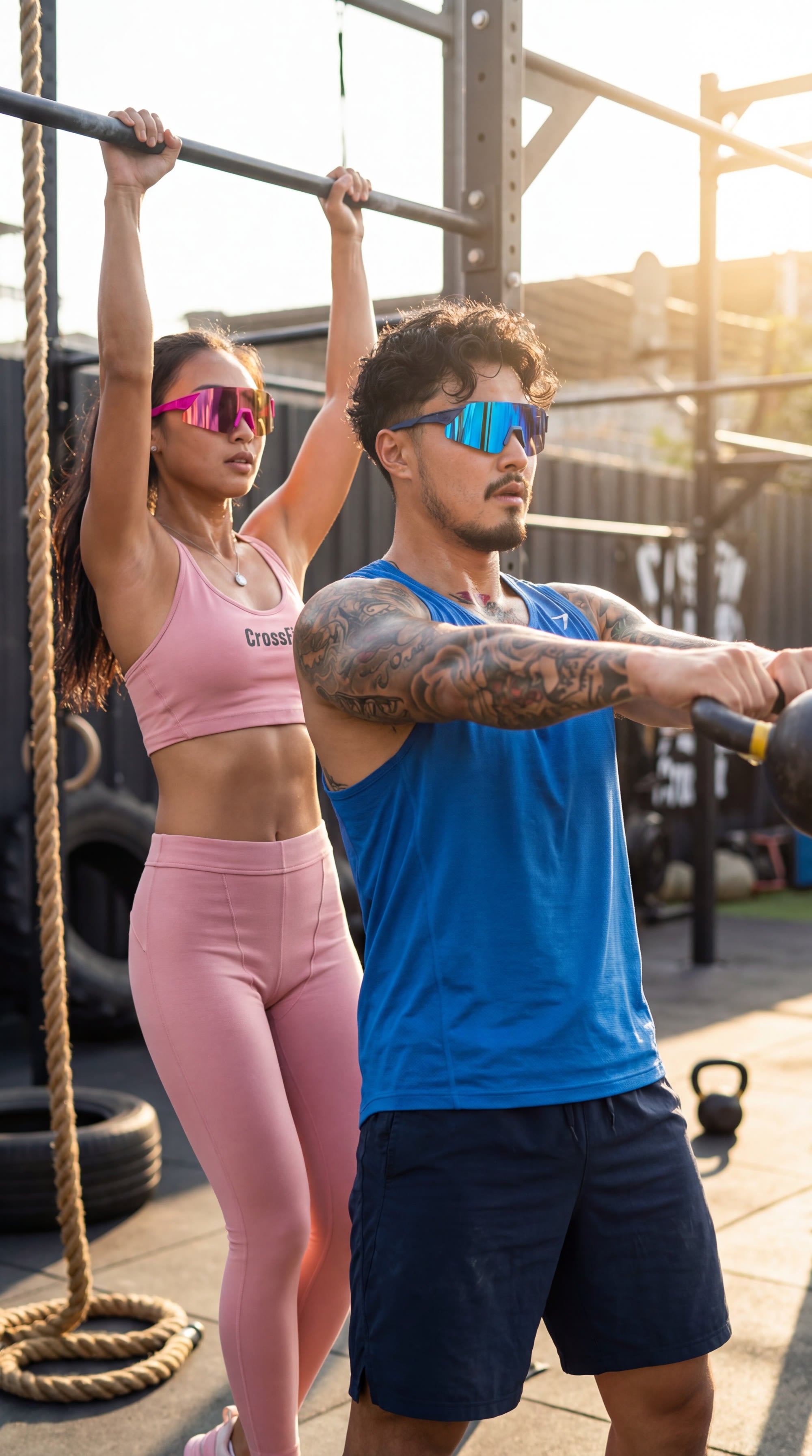 Two outdoor users wearing performance sunglasses in warm evening light, illustrating that floating-frame eyewear can still look stable and comfortable on the face