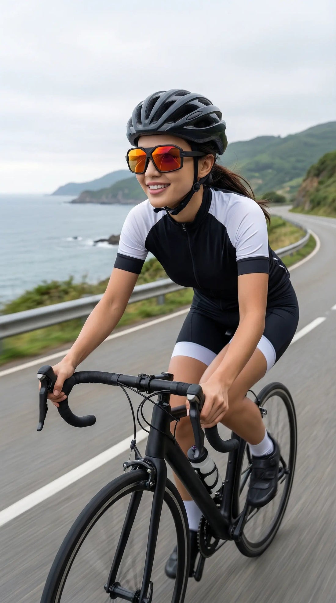 Cyclist wearing performance sunglasses on a coastal road, representing outdoor navigation and screen-dependent activity.