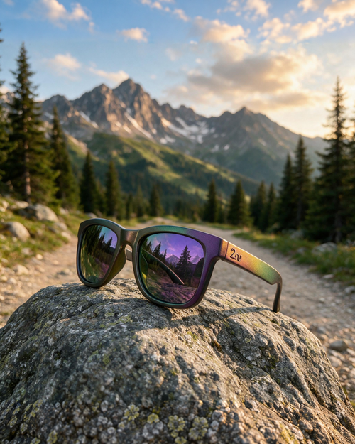 Fancy sunglasses with a hand-sprayed Purple Green frame and Purple Green Hexachroma lenses on an outdoor trail