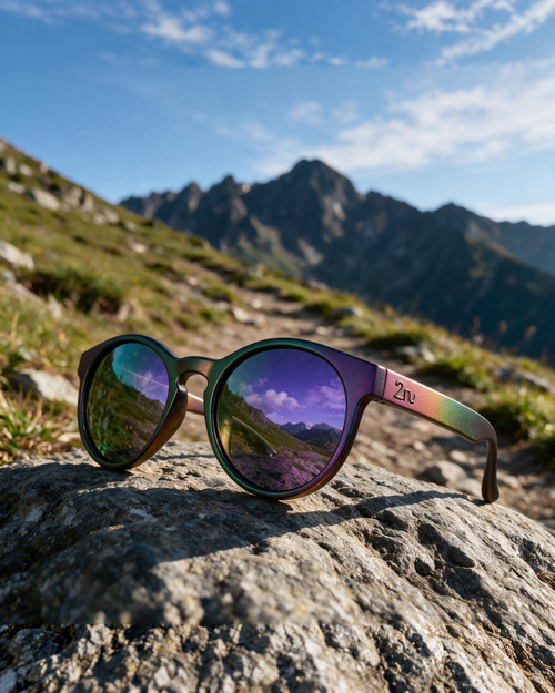 Halo sunglasses with a hand-sprayed Purple Green frame and Purple Green Hexachroma lenses on an outdoor trail