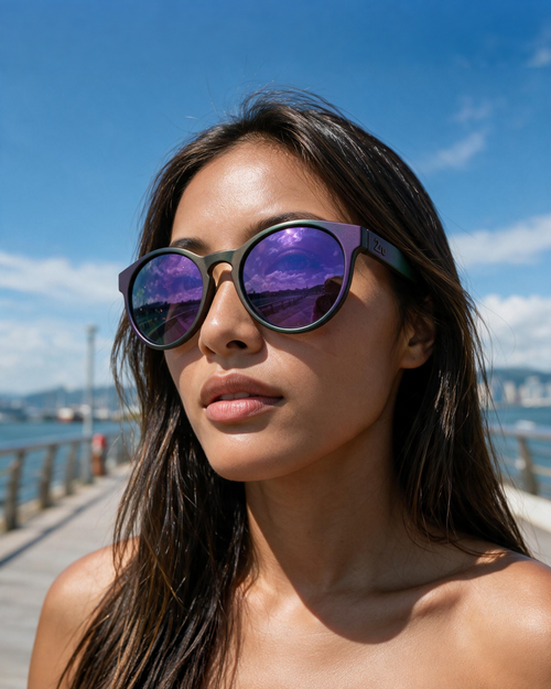Woman wearing Halo sunglasses with a hand-sprayed Purple Green frame and Purple Green Hexachroma lenses