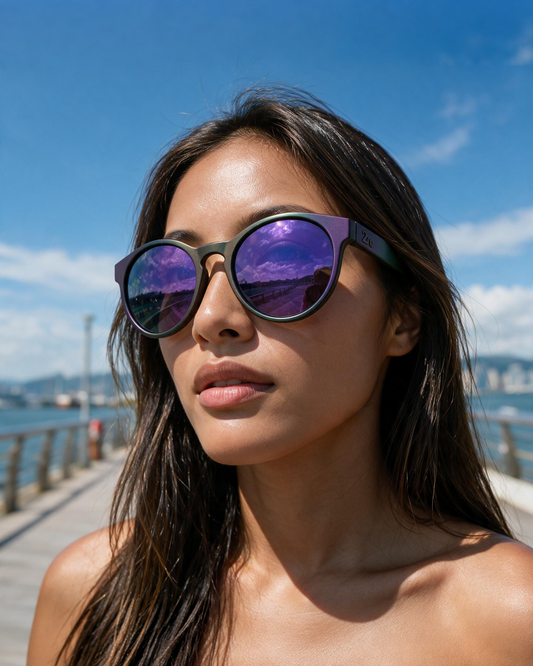 Woman wearing Halo sunglasses with a hand-sprayed Purple Green frame and Purple Green Hexachroma lenses