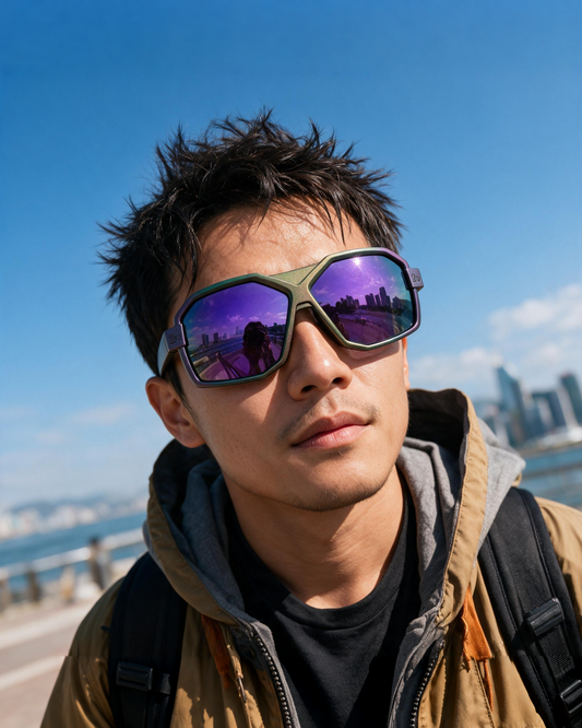 Man wearing Zealot sunglasses with a hand-sprayed Purple Green frame and Purple Green Hexachroma lenses