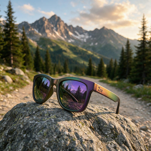Fancy sunglasses with a hand-sprayed Purple Green frame and Purple Green Hexachroma lenses on an outdoor trail
