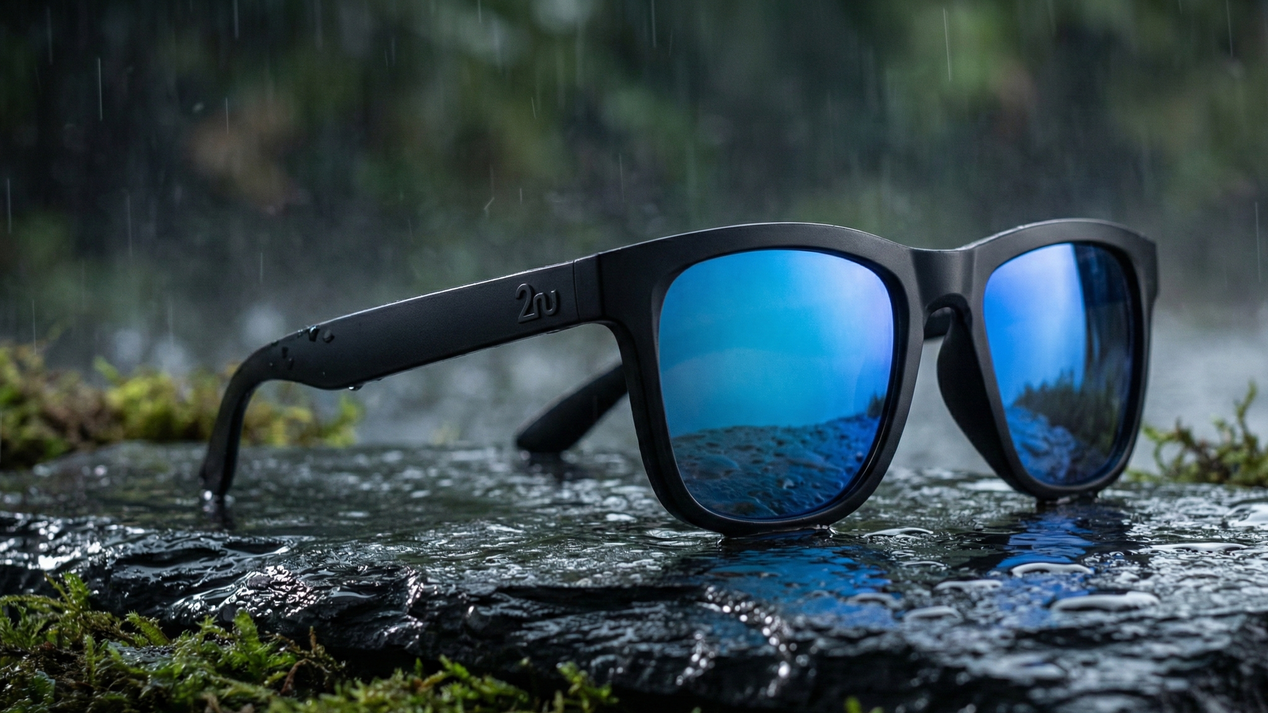 Black sunglasses with blue reflective lenses on a wet stone surface with a blurred natural background
