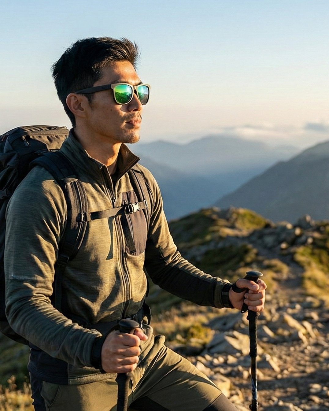 Man hiking on a mountain trail with backpack and sunglasses