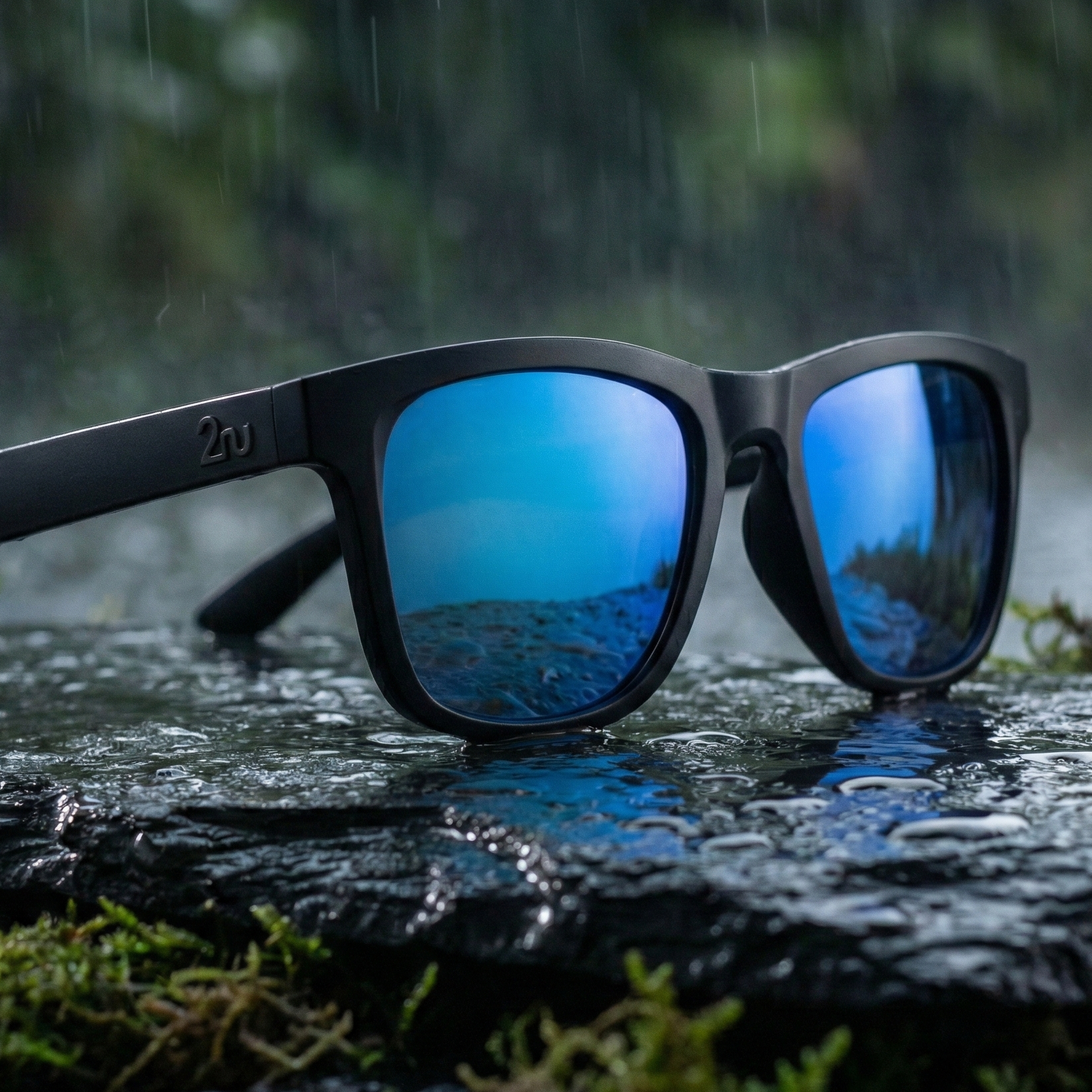 Black sunglasses with blue reflective lenses on a wet stone surface with a blurred natural background