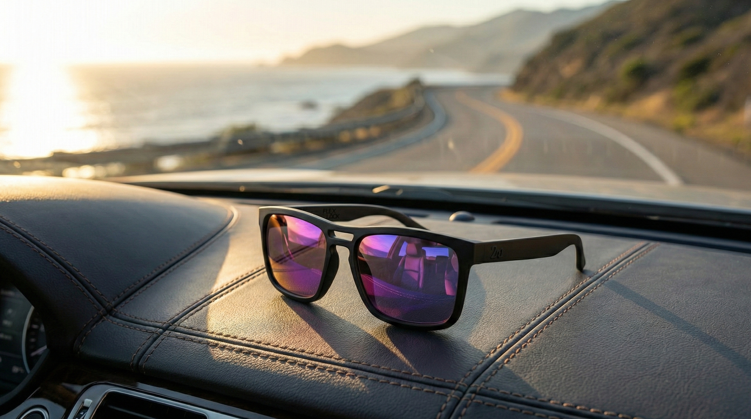 Sunglasses on a car dashboard with a scenic road and mountains in the background