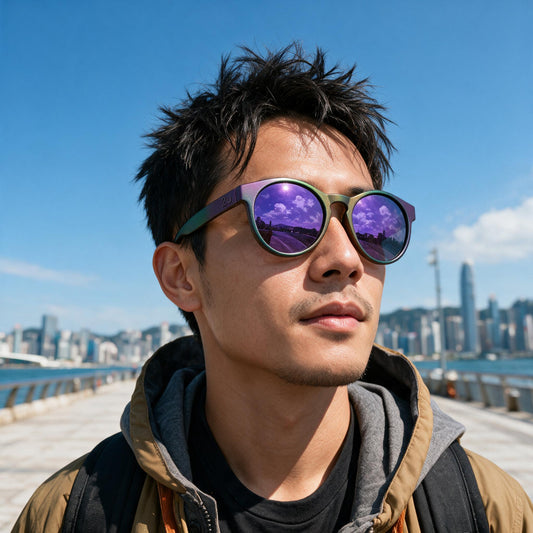 Man wearing Halo sunglasses with a hand-sprayed Purple Green frame and Purple Green Hexachroma lenses