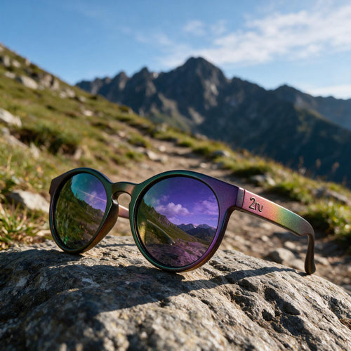 Halo sunglasses with a hand-sprayed Purple Green frame and Purple Green Hexachroma lenses on an outdoor trail
