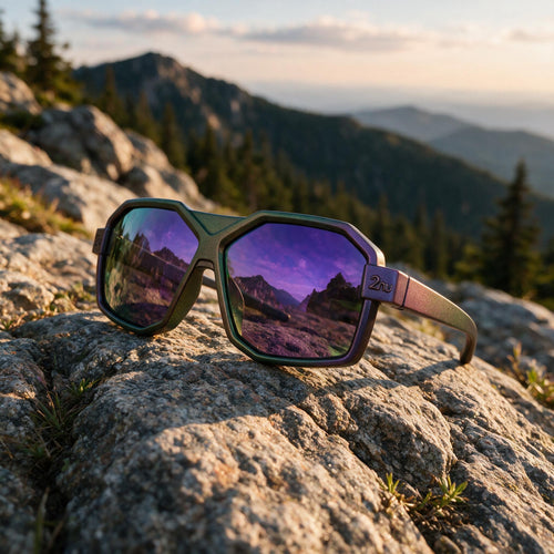 Zealot sunglasses with a hand-sprayed Purple Green frame and Purple Green Hexachroma lenses on an outdoor trail
