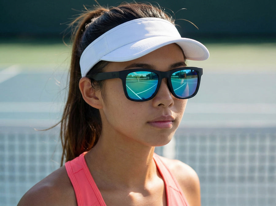 Woman wearing Fancy sunglasses on an outdoor tennis court