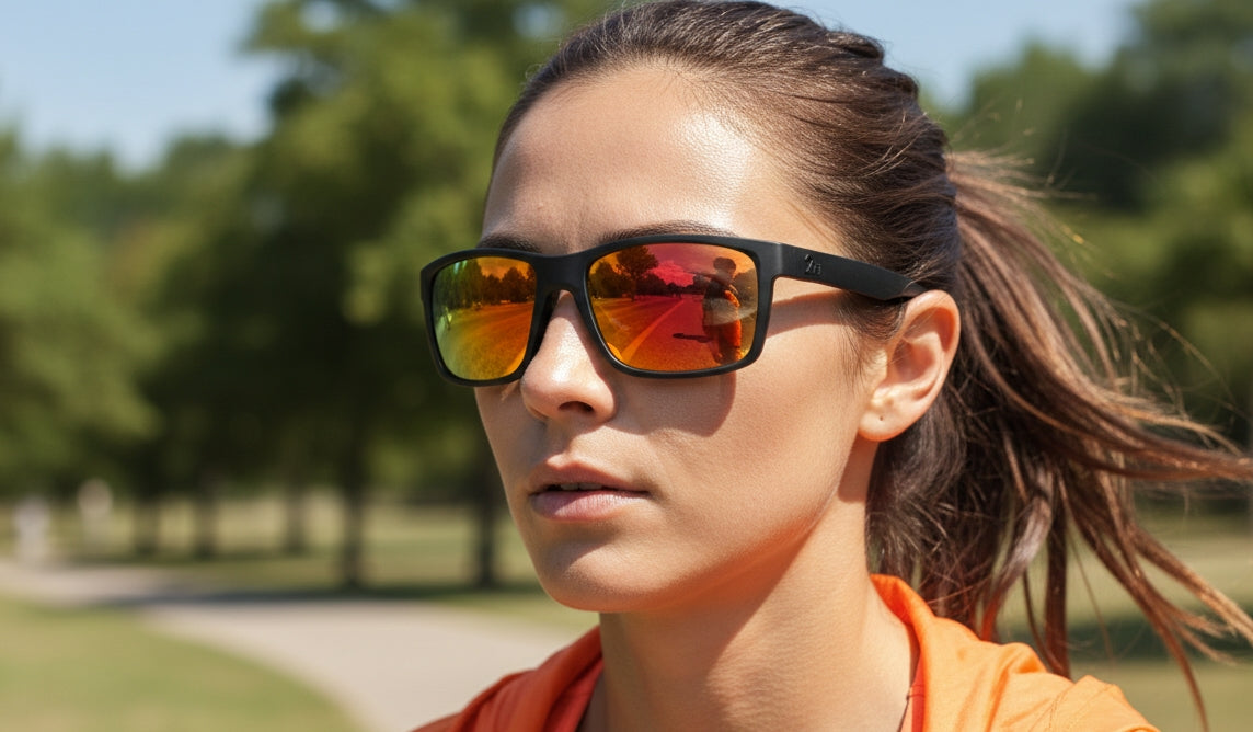 Ovo sunglasses worn outdoors with orange mirrored lenses and a stable soft-rectangular frame fit