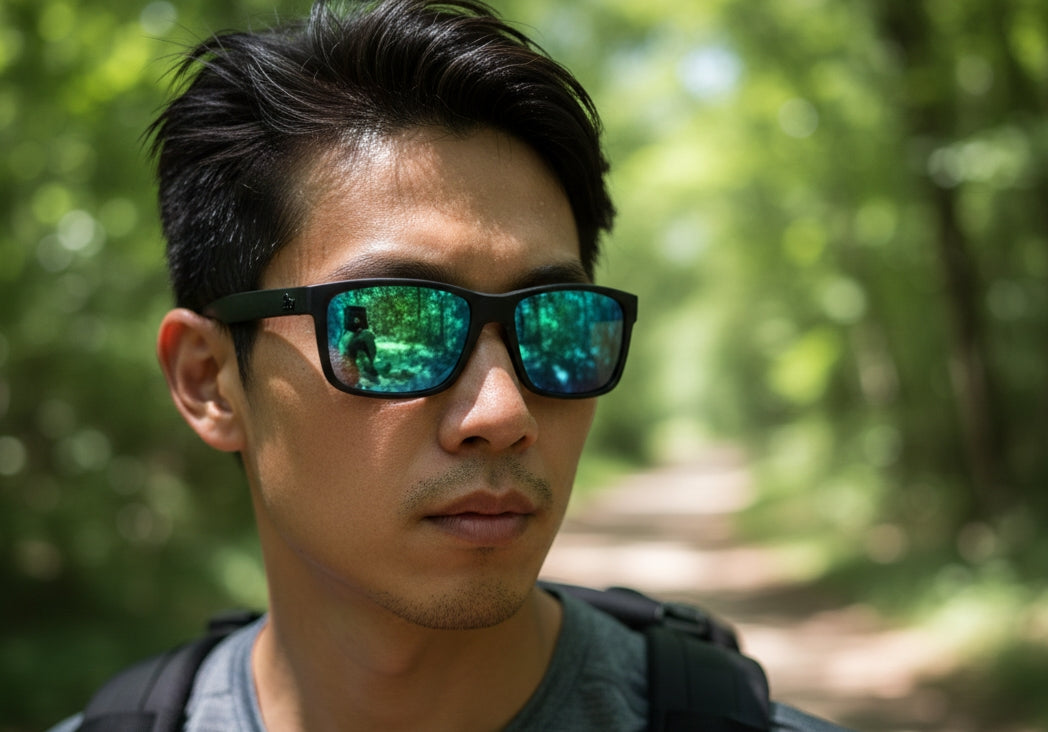 Ovo sunglasses worn outdoors with green mirrored lenses and a clear soft-rectangular frame fit